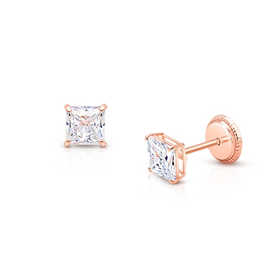 Princess Cut Studs, 4mm Clear CZ Studs, Baptism/Christening Baby/Children’s Earrings, Screw Back - 14K Rose Gold