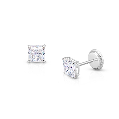 Princess Cut Studs, 4mm Clear CZ Studs, First Holy Communion Earrings, Screw Back - 14K White Gold