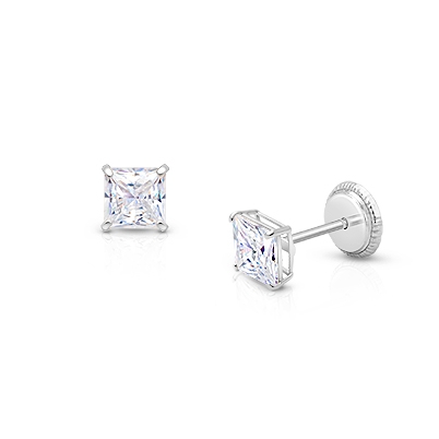 Princess Cut Studs, 4mm Clear CZ Studs, First Holy Communion Children&#039;s Earrings, Screw Back - 14K White Gold