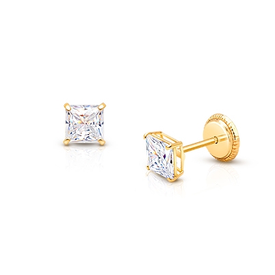 Princess Cut Studs, 4mm Clear CZ Studs, First Holy Communion Children&#039;s Earrings, Screw Back - 14K Gold