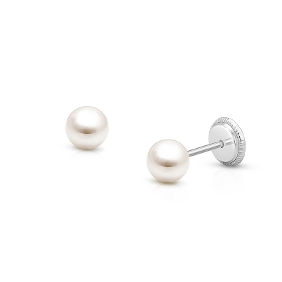 4mm Pearl Studs, Baby/Children&#039;s Earrings, Screw Back - 14K White Gold