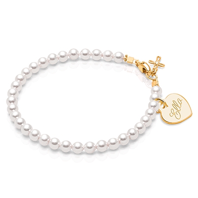 4mm Cultured Pearls, Teen&#039;s Beaded Bracelet for Girls (INCLUDES Engraved Charm) - 14K Gold