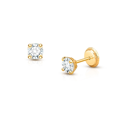 4mm CZ Round Studs, Baby/Children's Earrings, Screw Back - 14K Gold