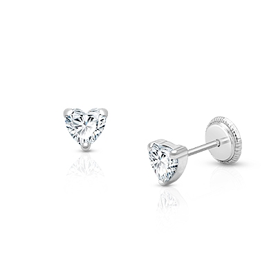 Heart Studs, 4mm Clear CZ First Holy Communion Children’s Earrings, Screw Back - 14K White Gold