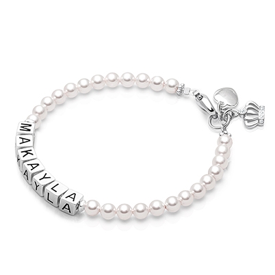 4mm Cultured Pearls, Teen&#039;s Name Bracelet for Girls - Sterling Silver