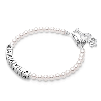 4mm Cultured Pearls, First Holy Communion Name Bracelet for Girls - Sterling Silver