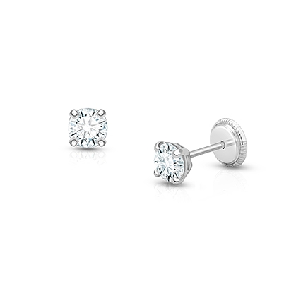 4mm CZ Round Studs, First Holy Communion Children&#039;s Earrings, Screw Back - 14K White Gold