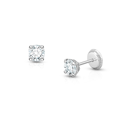 4mm CZ Round Studs, Christening/Baptism Baby/Children&#039;s Earrings, Screw Back - 14K White Gold