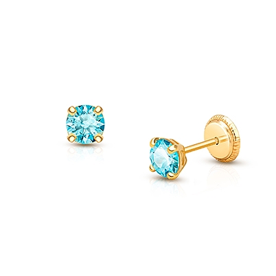 March Birthstone Studs, 4mm Swarovski® Crystal Teen&#039;s Earrings, Screw Back - 14K Gold