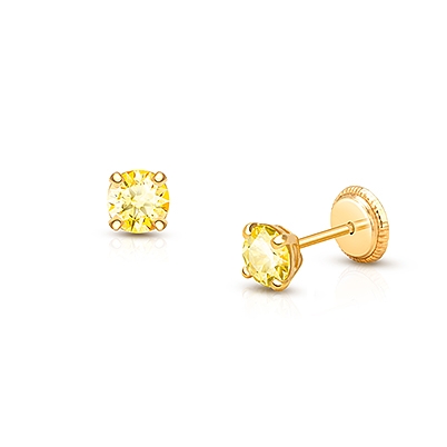 14K Real Yellow Gold Screw Back Earrings Round Birthstone Stud