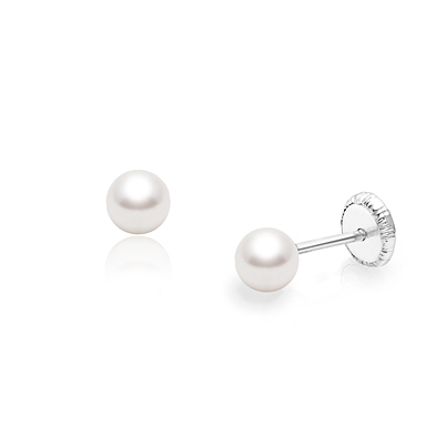 4mm Pearl Studs,  First Holy Communion Children&#039;s Earrings, Screw Back - 14K White Gold