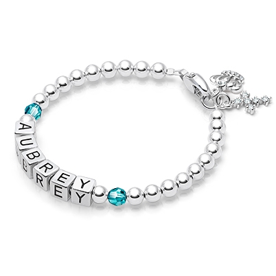 Tiny Blessings Birthstone, Baptism/Christening Baby/Children&#039;s Name Bracelet for Girls - Sterling Silver