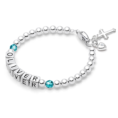 Tiny Blessings Birthstone, Baptism/Christening Name Bracelet for Boys - Sterling Silver