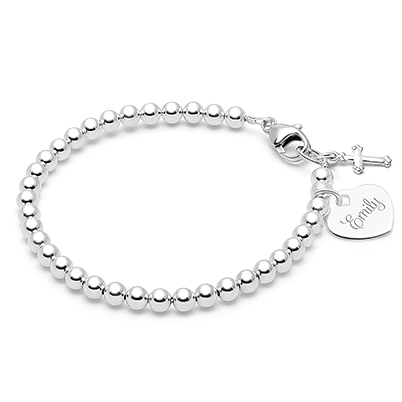 4mm Tiny Blessings Beads, First Holy Communion Beaded Bracelet for Girls (INCLUDES Engraved Charm) - Sterling Silver