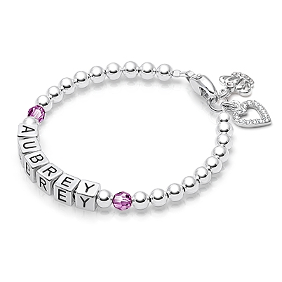 Tiny Blessings Birthstone, Baby/Children&#039;s Name Bracelet for Girls - Sterling Silver