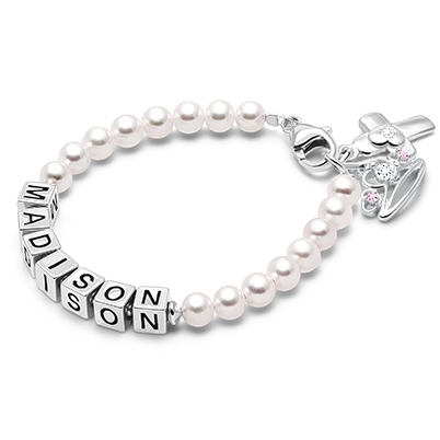 4mm Cultured Pearls, Christening/Baptism Baby/Children&#039;s Name Bracelet for Girls - Sterling Silver