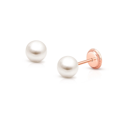 5mm Pearl Studs, Christening/Baptism Baby/Children&#039;s Earrings, Screw Back - 14K Rose Gold