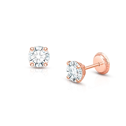 5mm CZ Round Studs, Baby/Children&#039;s Earrings, Screw Back - 14K Rose Gold