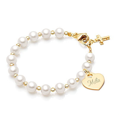 Timeless Pearls, Baby/Children’s Beaded Bracelet for Girls (INCLUDES Engraved Charm) - 14K Gold
