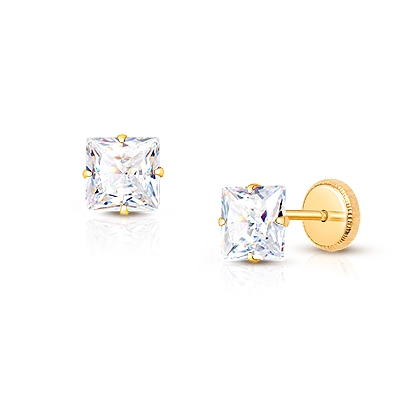 5mm Princess Cut, Clear CZ Studs, Teen’s Earrings, Screw Back - 14K Gold