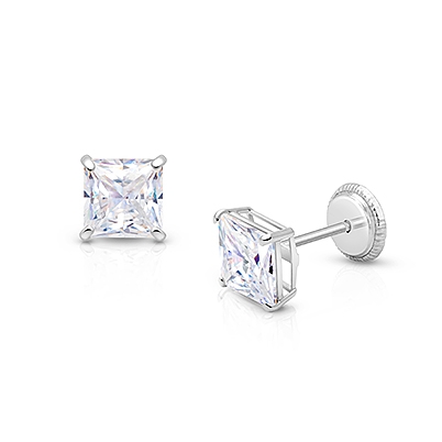 Princess Cut Studs, 5mm Clear CZ Studs, First Holy Communion Children’s Earrings, Screw Back - 14K White Gold