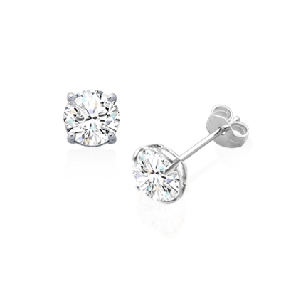 6mm CZ Round Studs, Mother&#039;s Earrings, Friction Back - 14K White Gold