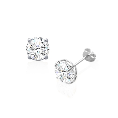 8mm CZ Round Studs, Teen&#039;s Earrings, Friction Back - 14K White Gold