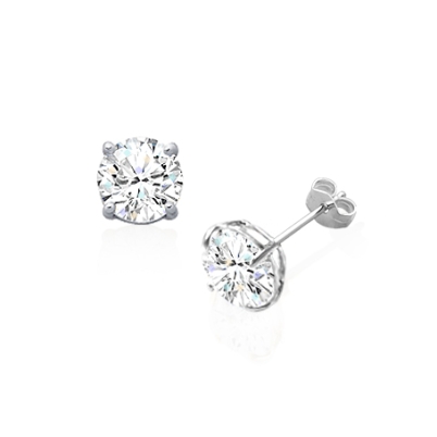 8mm CZ Round Studs, Mother&#039;s Earrings, Friction Back - 14K White Gold