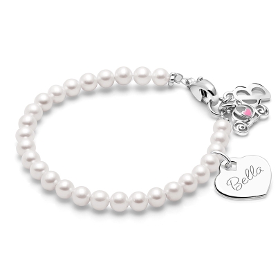 4mm Cultured Pearls, Baby/Children&#039;s Beaded Bracelet for Girls (INCLUDES Engraved Charm) - Sterling Silver