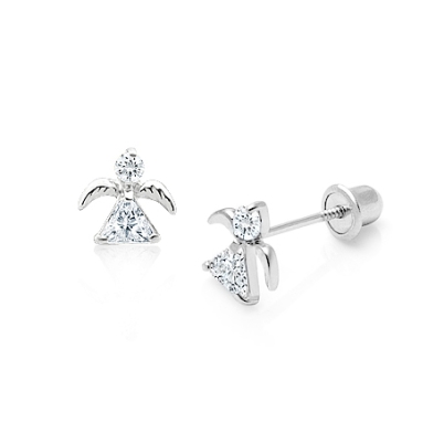 My Little Angel, Mother&#039;s Earrings, Screw Back - 14K White Gold