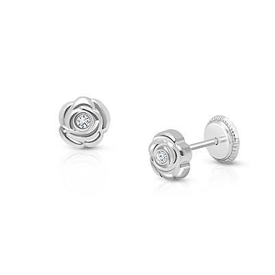 Blushing Rose, Clear CZ Baby/Children&#039;s Earrings, Screw Back - 14K White Gold