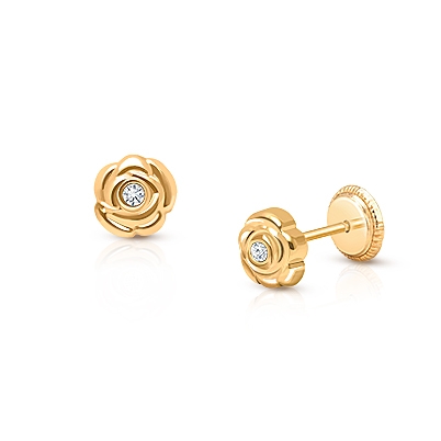 Blushing Rose, Clear CZ Studs Teen&#039;s Earrings, Screw Back - 14K Gold