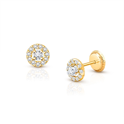 Brilliant Halo, Clear CZ Teen’s Earrings, Screw Back - 14K Gold