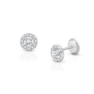 Brilliant Halo, Clear CZ Christening/Baptism Baby/Children’s Earrings, Screw Back - 14K White Gold