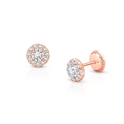 Brilliant Halo, Clear CZ Mother’s Earrings, Screw Back - 14K Rose Gold