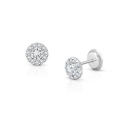 Brilliant Halo, Clear CZ Baby/Children’s Earrings, Screw Back - 14K White Gold