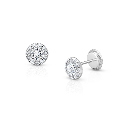 Brilliant Halo, Clear CZ First Holy Communion Children&#039;s Earrings, Screw Back - 14K White Gold