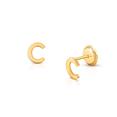 ‘C’ Initial Studs Personalized Baby/Children’s Earrings, Screw Back - 14K Gold