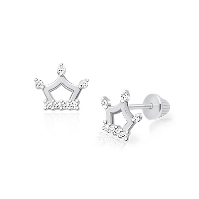 Crowned Cutie, Clear CZ Christening/Baptism Baby/Children&#039;s Earrings, Screw Back - 14K White Gold