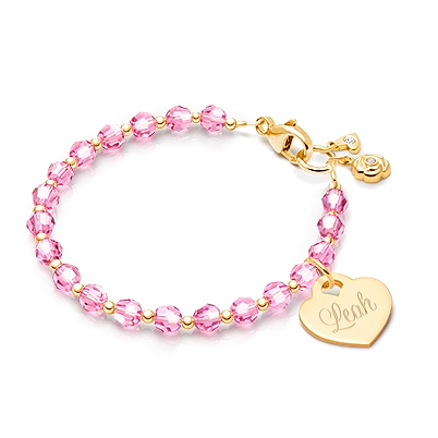 Birthstone Crystal, Baby/Children’s Beaded Bracelet for Girls (Includes Engraved Charm, All 12 Birthstones Avail) - 14K Gold