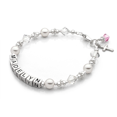 Diamonds &amp; Pearls, Teen&#039;s Name Bracelet for Girls - Sterling Silver