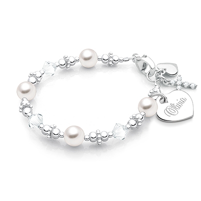 Diamonds &amp; Pearls, Baby/Children&#039;s Beaded Bracelet for Girls (INCLUDES Engraved Charm) - Sterling Silver