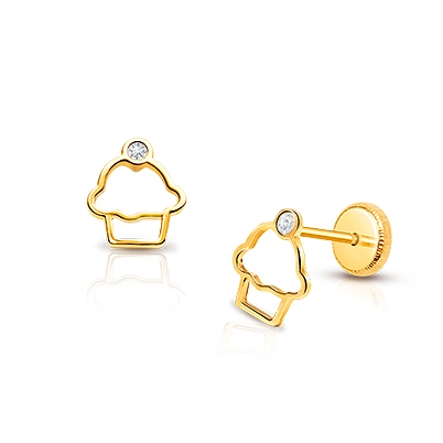 Cupcake Cutie, Clear CZ Baby/Children&#039;s Earrings, Screw Back - 14K Gold