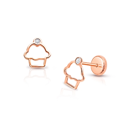 Cupcake Cutie, Clear CZ Baby/Children&#039;s Earrings, Screw Back - 14K Rose Gold