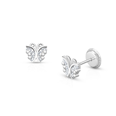 Curly Butterfly, Clear Pavé CZ Baby/Children&#039;s Earrings, Screw Back - 14K White Gold