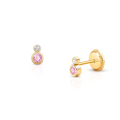Gia™ Cute as a Button, Tiny Pink/Clear CZ Drop, Baby/Children&#039;s Earrings, Screw Back - 14K Gold
