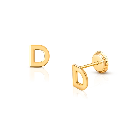 ‘D’ Initial Studs Personalized Baby/Children’s Earrings, Screw Back - 14K Gold