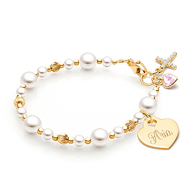 Dainty Pearls Christening/Baptism Baby/Children&#039;s Beaded Bracelet (Includes Engravable Charm)