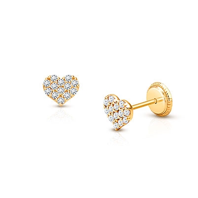 Dearest Heart, Clear Pavé CZ Baby/Children&#039;s Earrings, Screw Back - 14K Gold