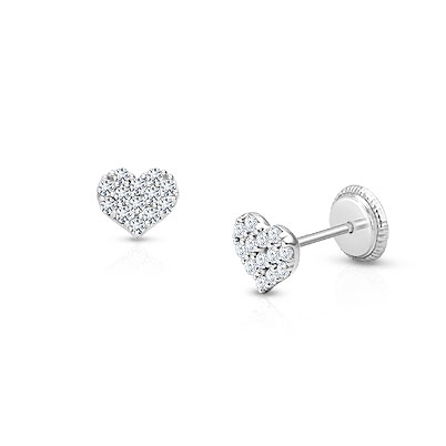 Dearest Heart, Clear Pavé CZ Baby/Children&#039;s Earrings, Screw Back - 14K White Gold